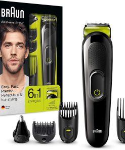 BRAUN Regolabarba Uomo 6 in 1 Tutto in 1 MGK3221 Rifinitore, Rasoio Elettrico Barba, Tagliacapelli, Rifinitore Naso e Orecchie  Nero/Verde