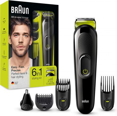 BRAUN Regolabarba Uomo 6 in 1 Tutto in 1 MGK3221 Rifinitore, Rasoio Elettrico Barba, Tagliacapelli, Rifinitore Naso e Orecchie  Nero/Verde