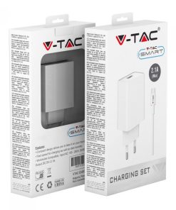 V-TAC VT-5371-W Caricatore da Viaggio con Cavo Ricarica Veloce Micro USB 2.1A Colore Bianco