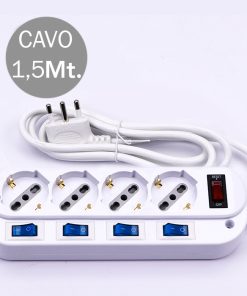 V-TAC Multipresa 4 Posti Colore Bianco Con Interruttori Singoli e Generale e Protezione Ripristinabile