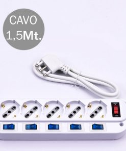 V-TAC Multipresa 5 Posti Colore Bianco Con Interruttori Singoli e Generale e Protezione Ripristinabile